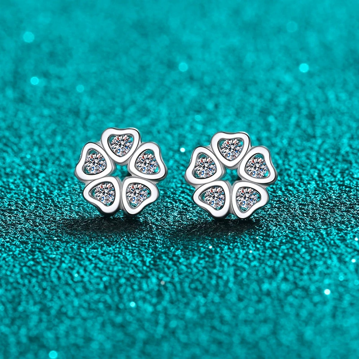 Floral Moissanite Stud Earrings in Rhodium-Plated S925 sterling silver product scene view showing front sparkle