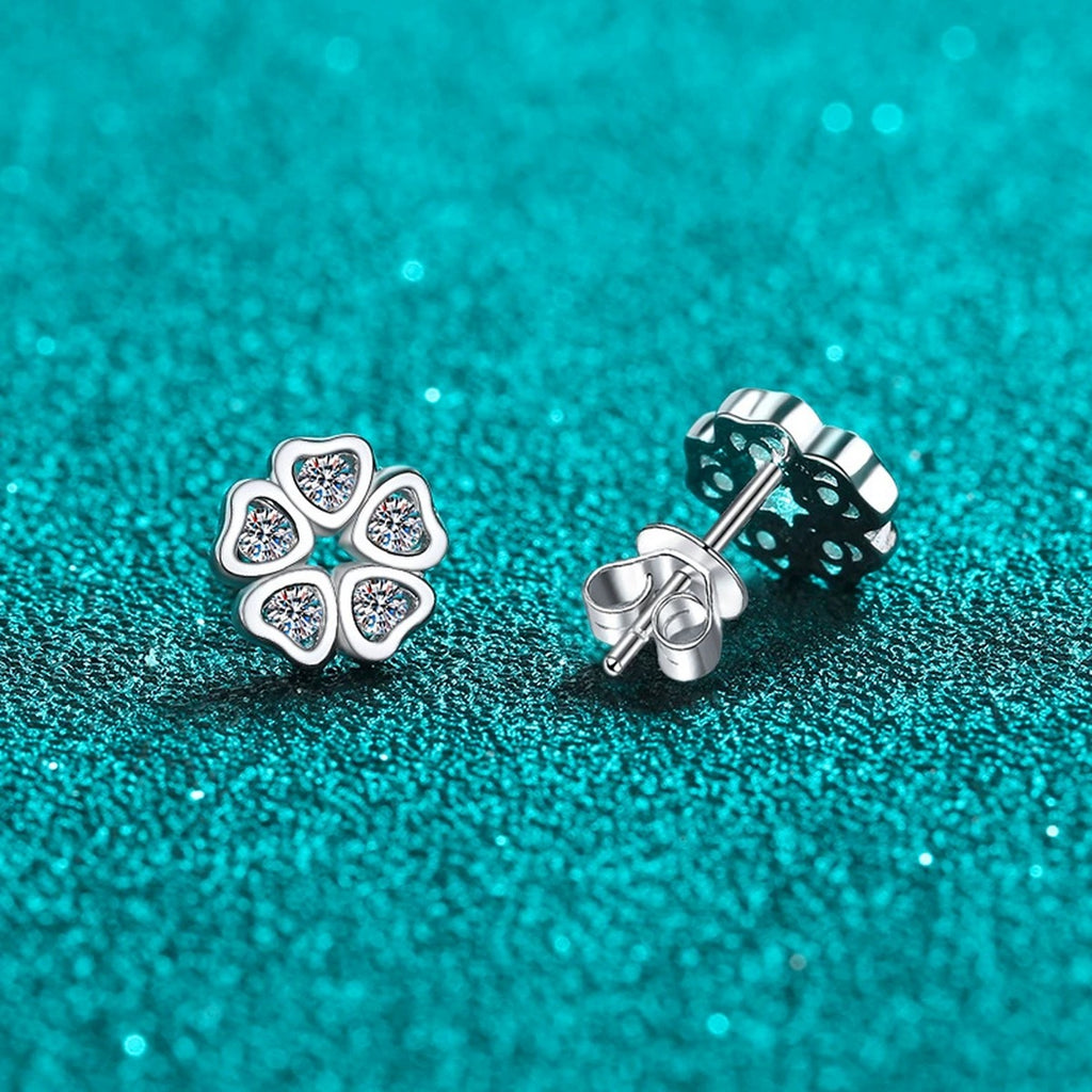 Floral Moissanite Stud Earrings in Rhodium-Plated S925 sterling silver product scene view showing angled setting detail