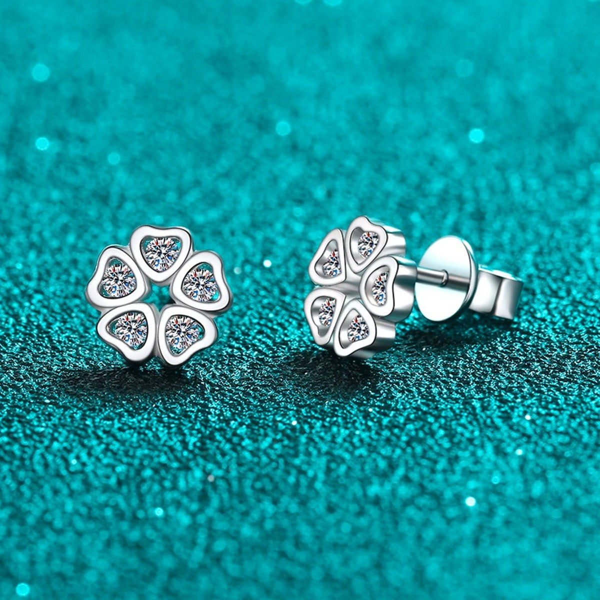 Floral Moissanite Stud Earrings in Rhodium-Plated S925 sterling silver product scene view showing side profile