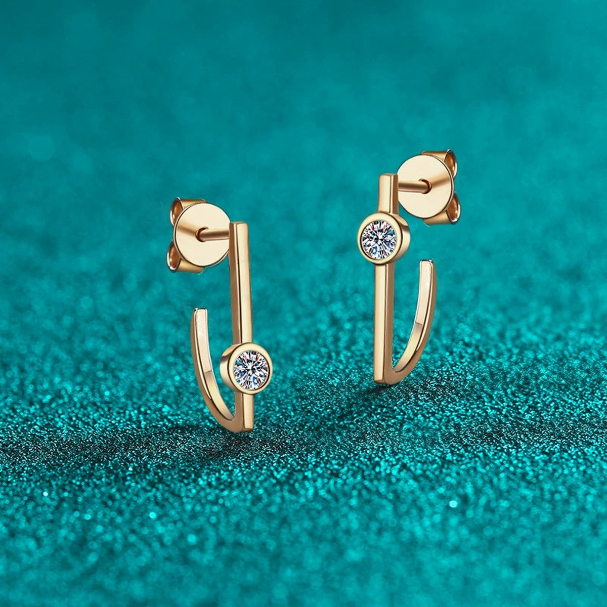 Round Moissanite Stud Drop Earrings in Champion Gold-Plated S925 sterling silver product scene view showing front sparkle