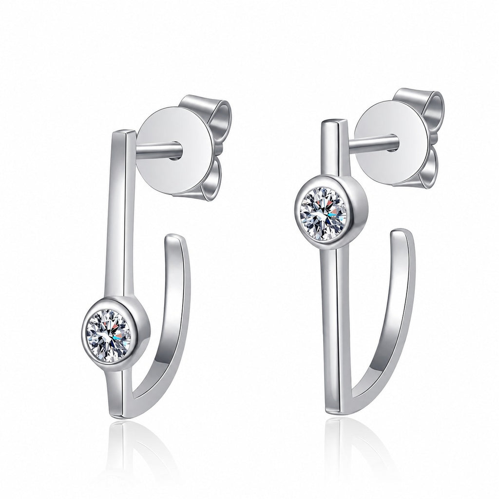 Round Moissanite Stud Drop Earrings in Rhodium-Plated S925 sterling silver white background product photo showing the pair, stone shape, and stud earrings silhouette