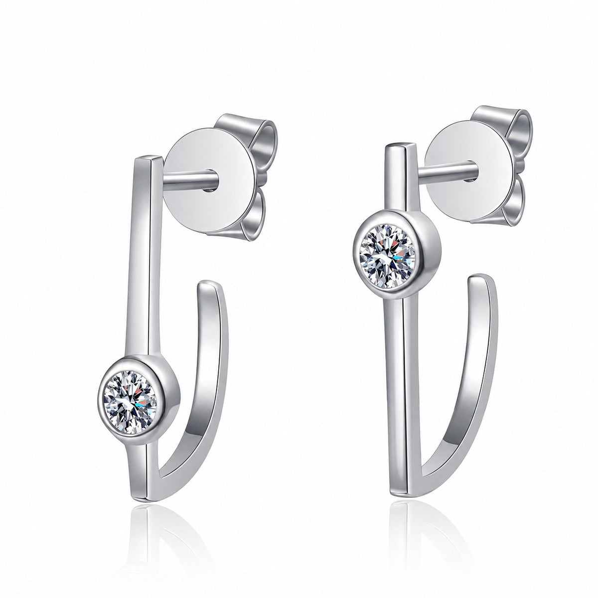 Round Moissanite Stud Drop Earrings in Rhodium-Plated S925 sterling silver white background product photo showing the pair, stone shape, and stud earrings silhouette