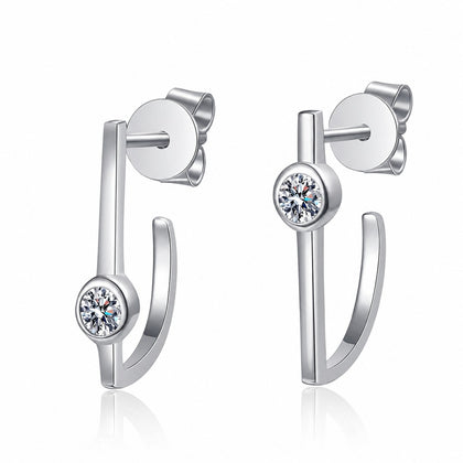 Round Moissanite Stud Drop Earrings in Rhodium-Plated S925 sterling silver white background product photo showing the pair, stone shape, and stud earrings silhouette