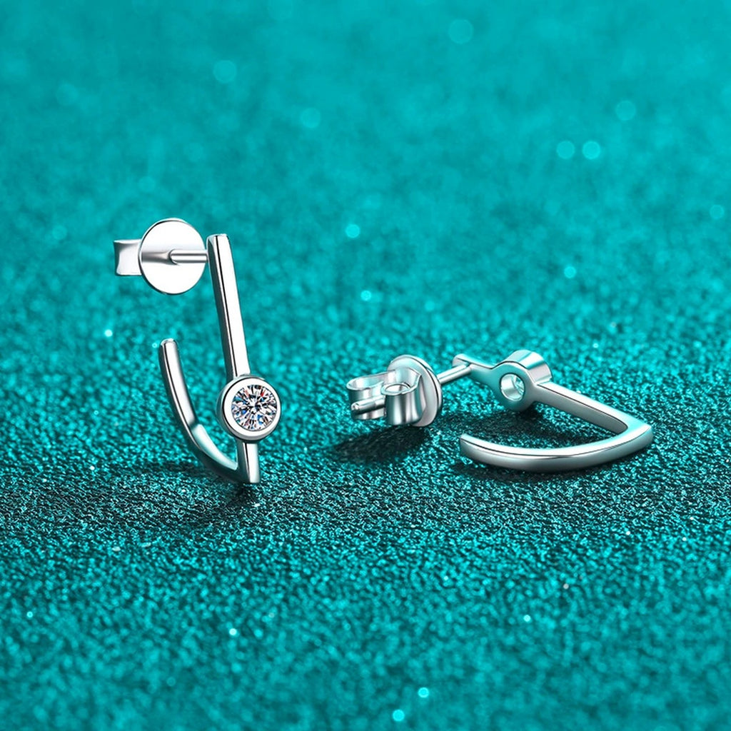 Round Moissanite Stud Drop Earrings in Rhodium-Plated S925 sterling silver product scene view showing side profile