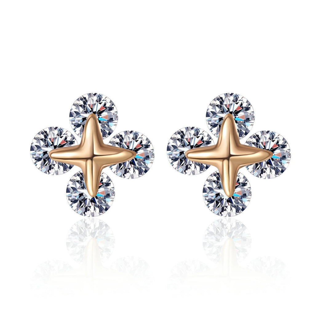 Clover Moissanite Stud Earrings in Champion Gold-Plated S925 sterling silver white background product photo showing the pair, stone shape, and stud earrings silhouette