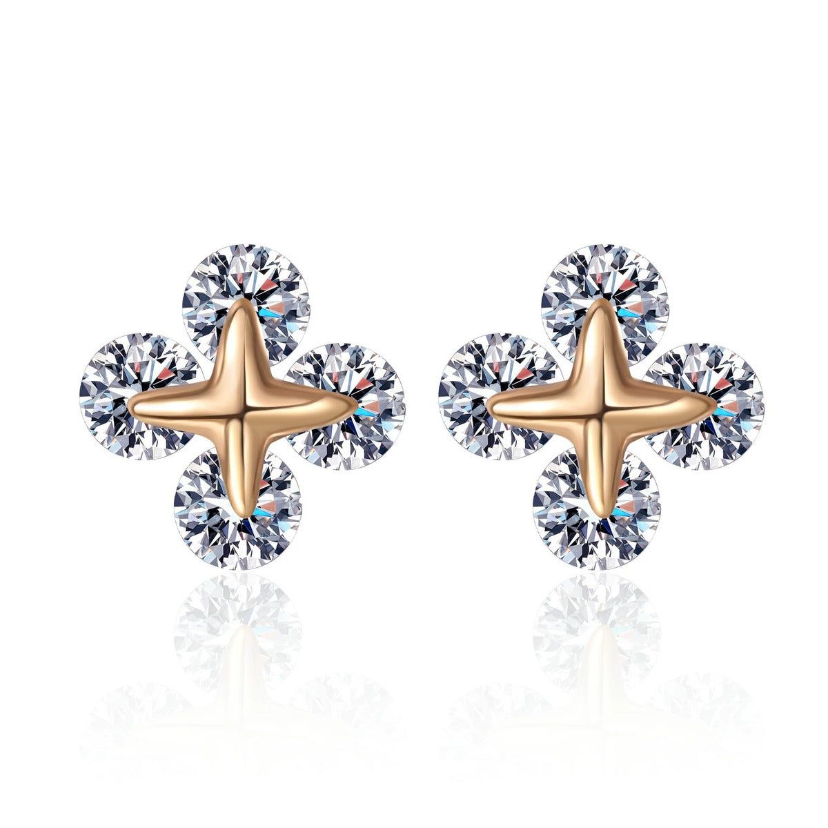 Clover Moissanite Stud Earrings in Champion Gold-Plated S925 sterling silver white background product photo showing the pair, stone shape, and stud earrings silhouette