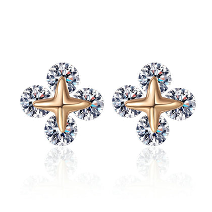 Clover Moissanite Stud Earrings in Champion Gold-Plated S925 sterling silver white background product photo showing the pair, stone shape, and stud earrings silhouette