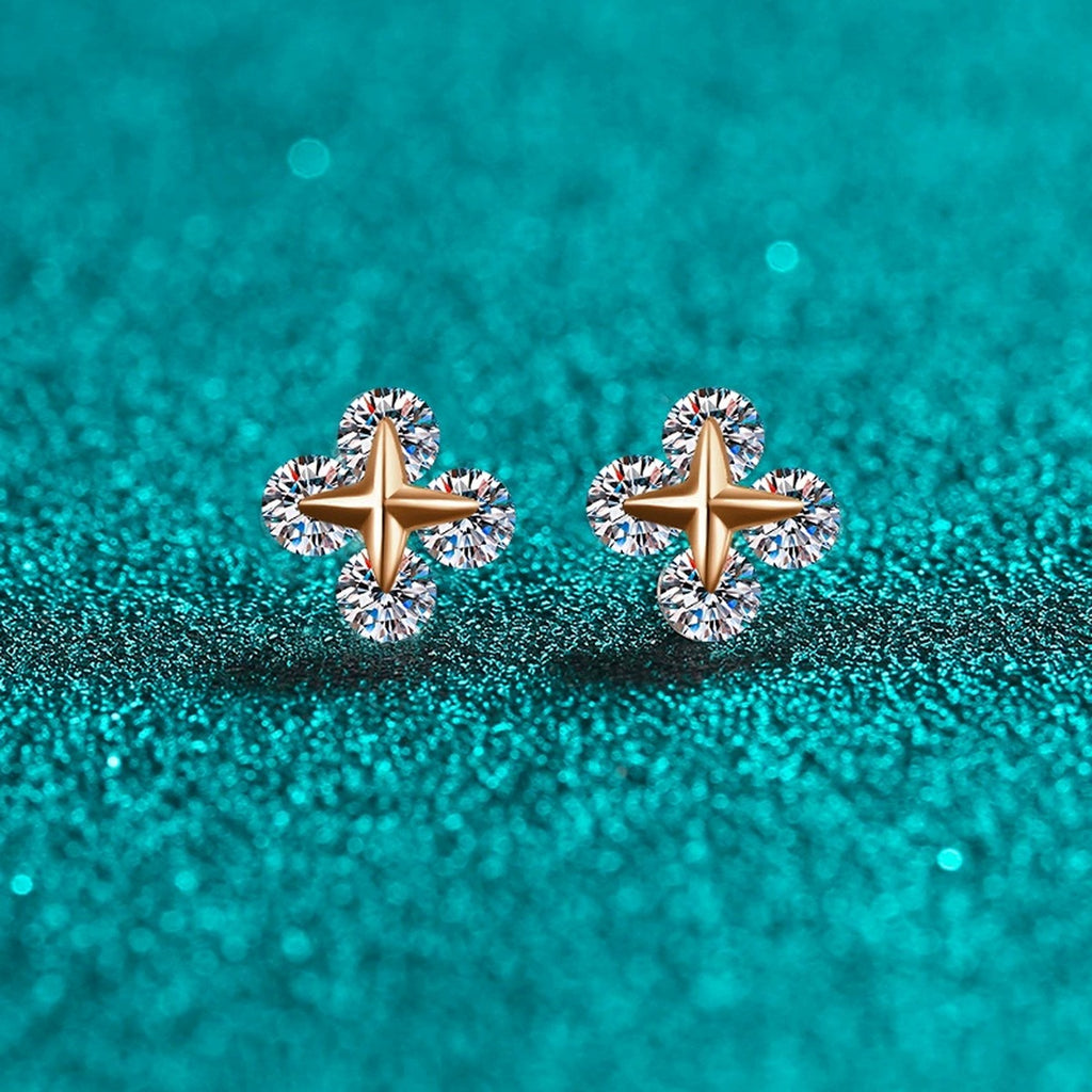 Clover Moissanite Stud Earrings in Champion Gold-Plated S925 sterling silver product scene view showing front sparkle