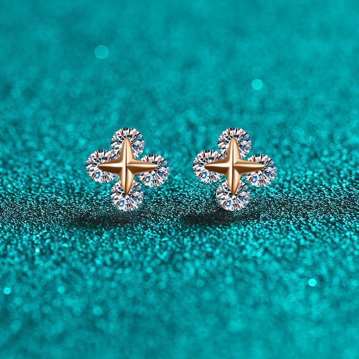 Clover Moissanite Stud Earrings in Champion Gold-Plated S925 sterling silver product scene view showing front sparkle