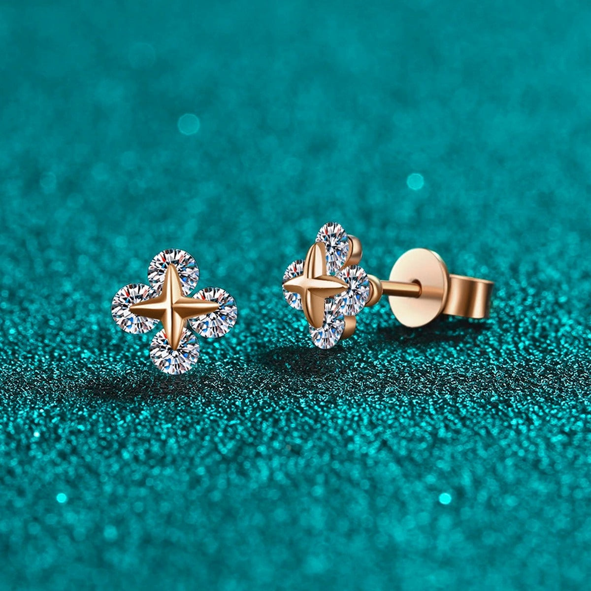 Clover Moissanite Stud Earrings in Champion Gold-Plated S925 sterling silver product scene view showing angled setting detail