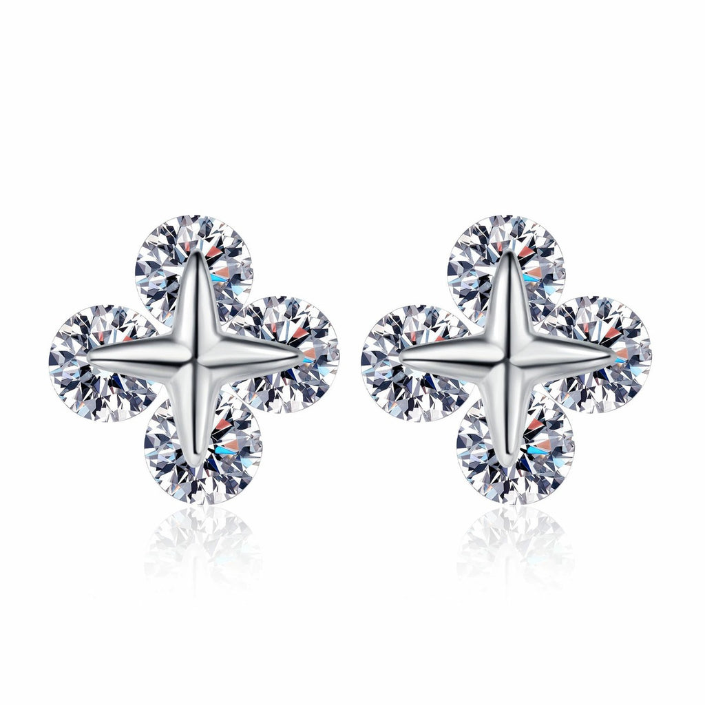 Clover Moissanite Stud Earrings in Rhodium-Plated S925 sterling silver white background product photo showing the pair, stone shape, and stud earrings silhouette