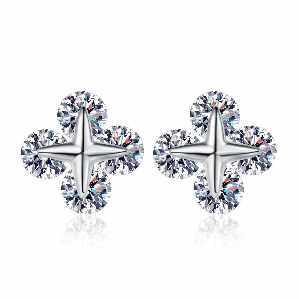 Clover Moissanite Stud Earrings in Rhodium-Plated S925 sterling silver white background product photo showing the pair, stone shape, and stud earrings silhouette