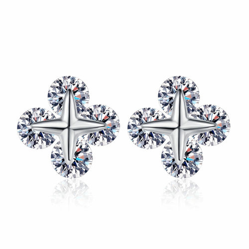 Clover Moissanite Stud Earrings in Rhodium-Plated S925 sterling silver white background product photo showing the pair, stone shape, and stud earrings silhouette