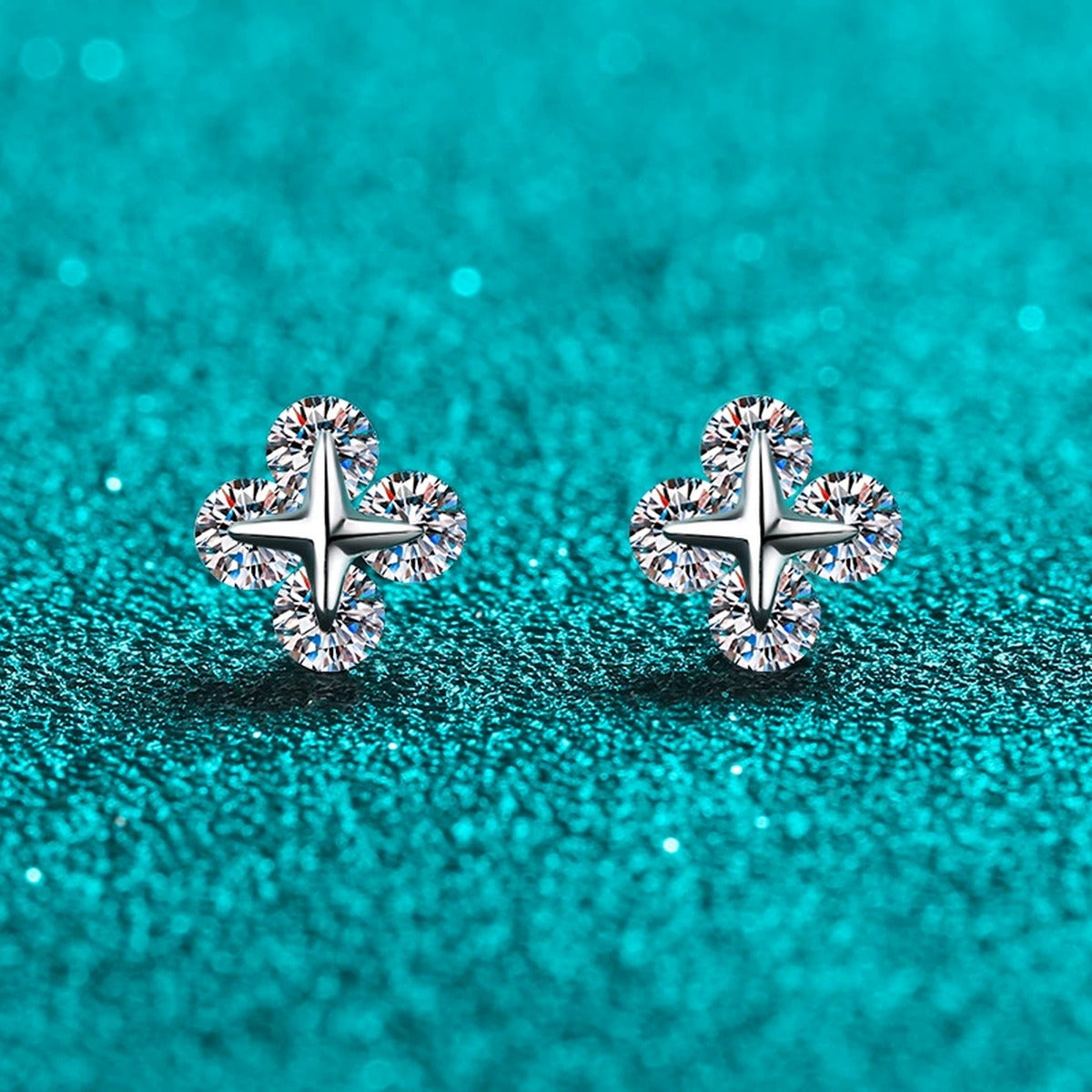 Clover Moissanite Stud Earrings in Rhodium-Plated S925 sterling silver product scene view showing front sparkle