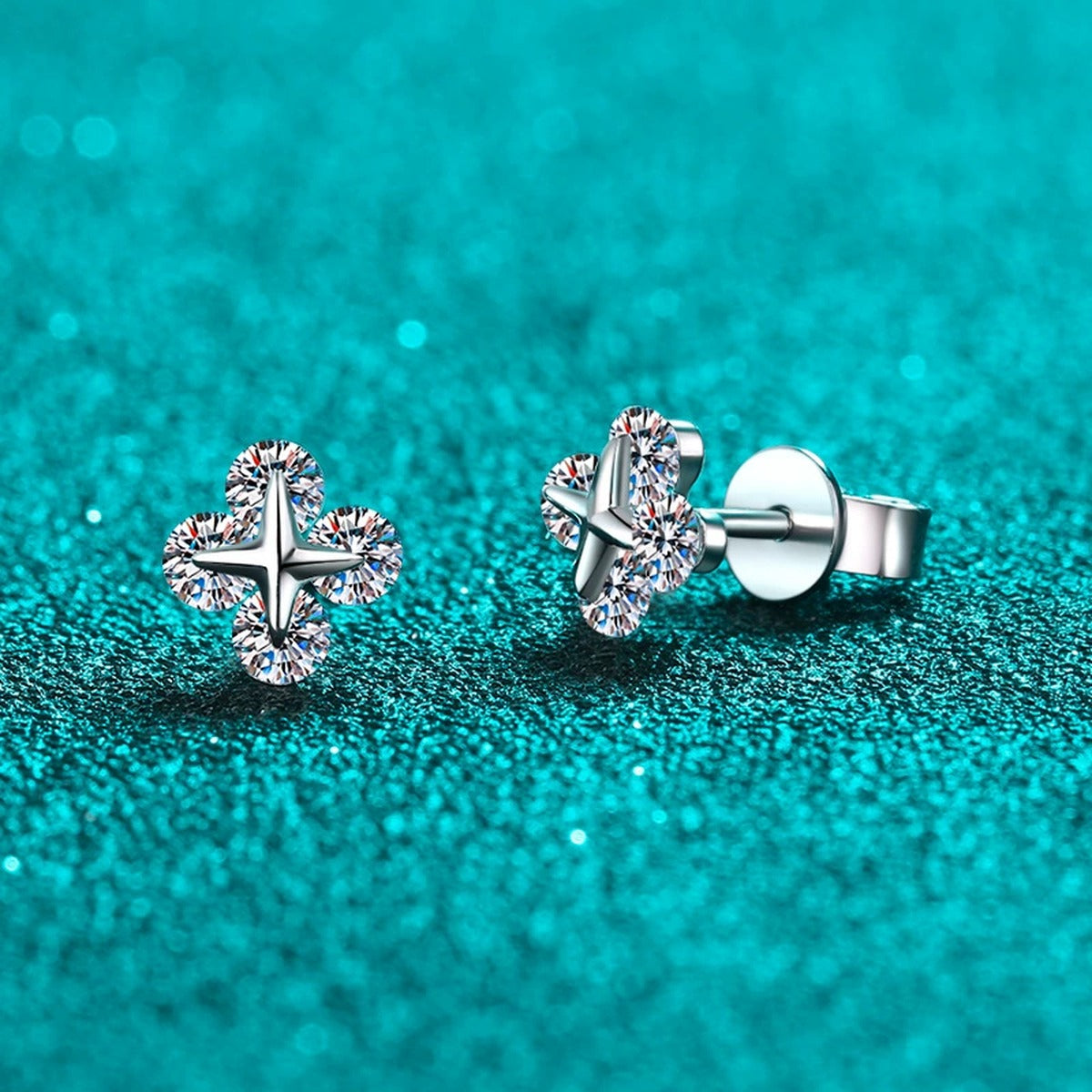 Clover Moissanite Stud Earrings in Rhodium-Plated S925 sterling silver product scene view showing angled setting detail