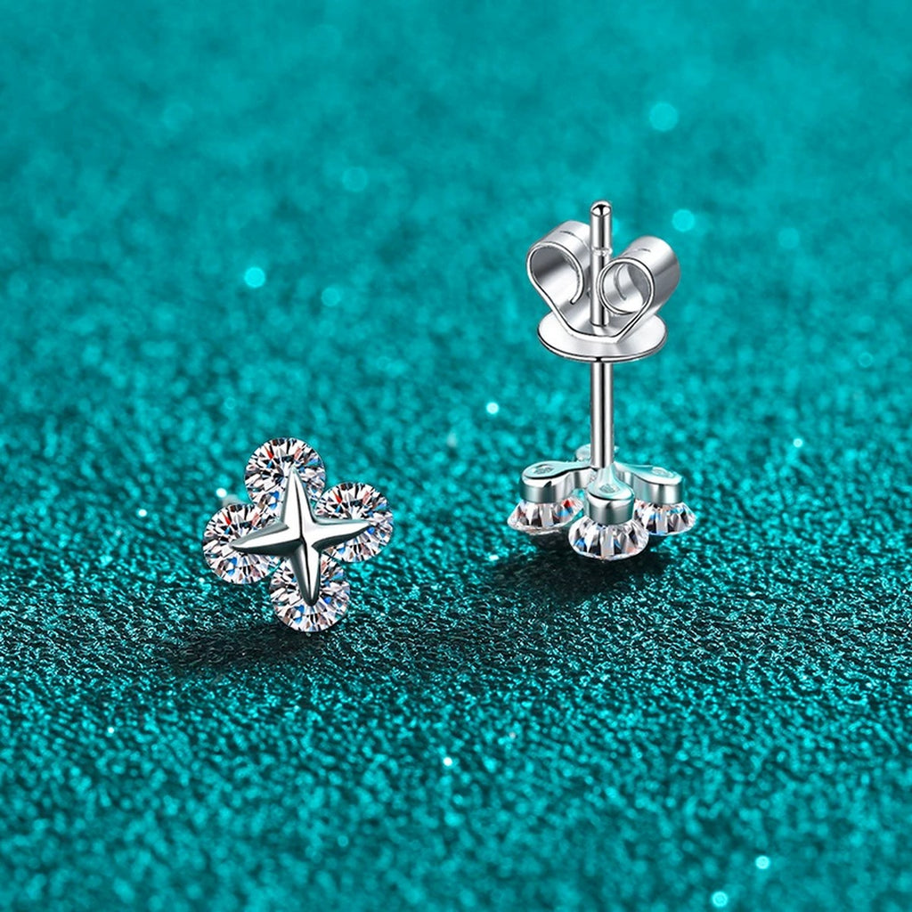 Clover Moissanite Stud Earrings in Rhodium-Plated S925 sterling silver product scene view showing side profile