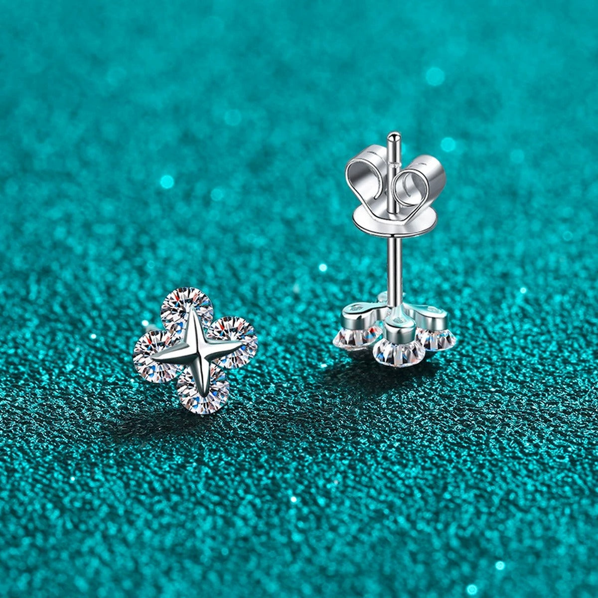 Clover Moissanite Stud Earrings in Rhodium-Plated S925 sterling silver product scene view showing side profile