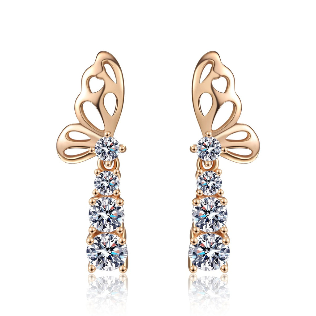 Butterfly Moissanite Stud Drop Earrings in Champion Gold-Plated S925 sterling silver white background product photo showing the pair, stone shape, and stud earrings silhouette