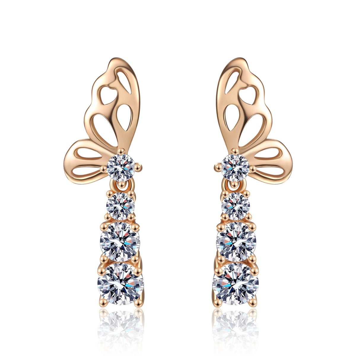 Butterfly Moissanite Stud Drop Earrings in Champion Gold-Plated S925 sterling silver white background product photo showing the pair, stone shape, and stud earrings silhouette