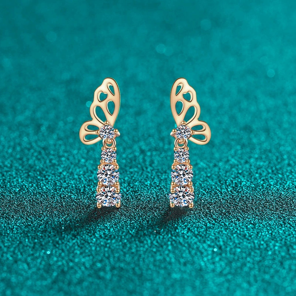 Butterfly Moissanite Stud Drop Earrings in Champion Gold-Plated S925 sterling silver product scene view showing front sparkle
