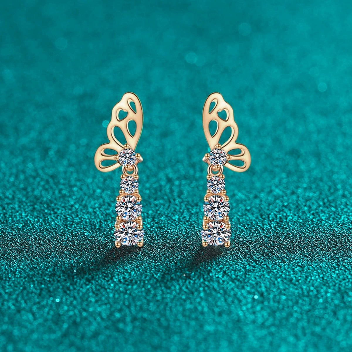 Butterfly Moissanite Stud Drop Earrings in Champion Gold-Plated S925 sterling silver product scene view showing front sparkle