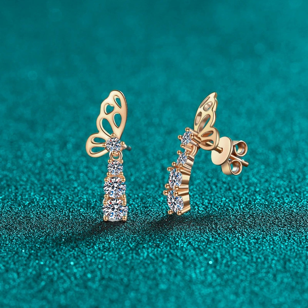 Butterfly Moissanite Stud Drop Earrings in Champion Gold-Plated S925 sterling silver product scene view showing angled setting detail