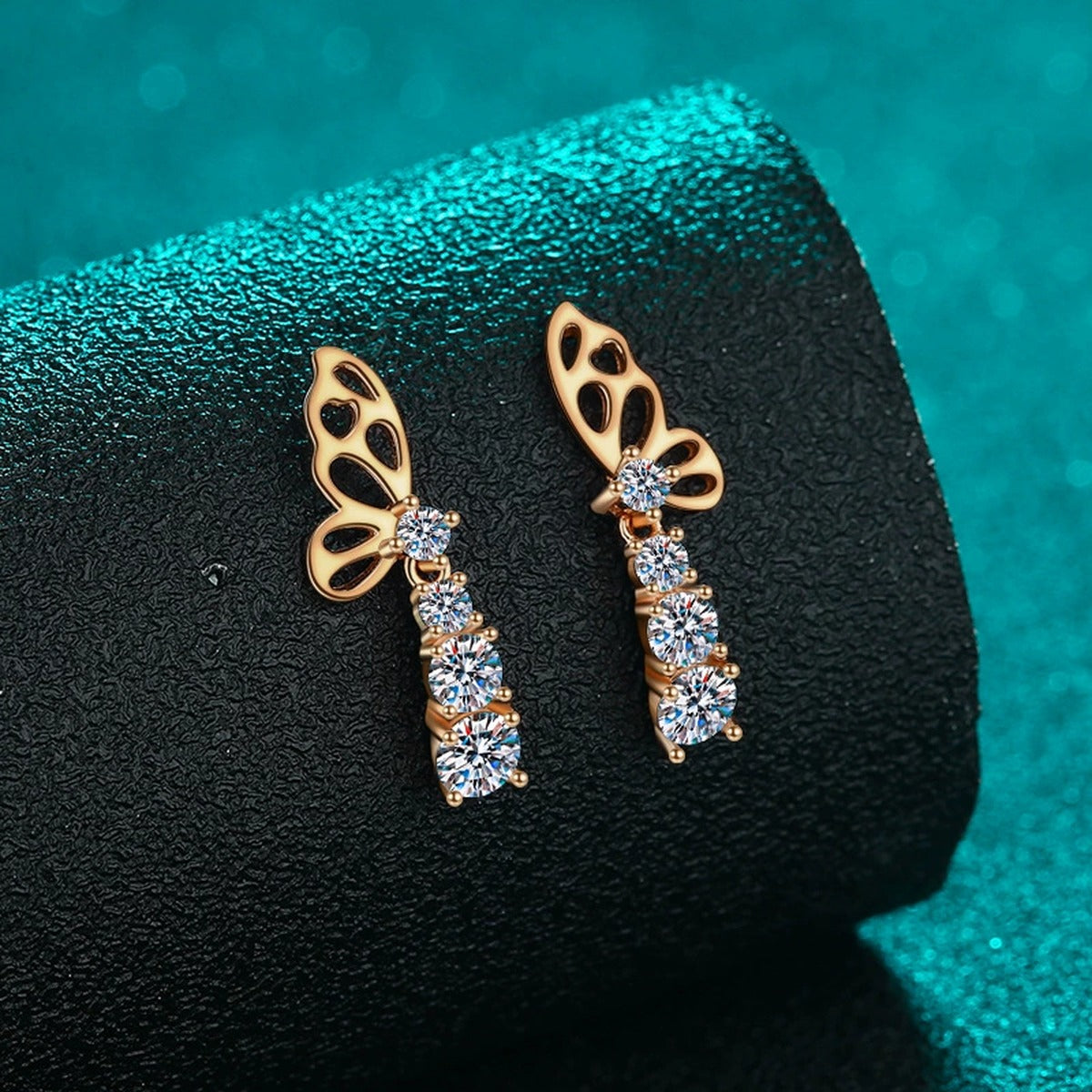 Butterfly Moissanite Stud Drop Earrings in Champion Gold-Plated S925 sterling silver product scene view showing side profile