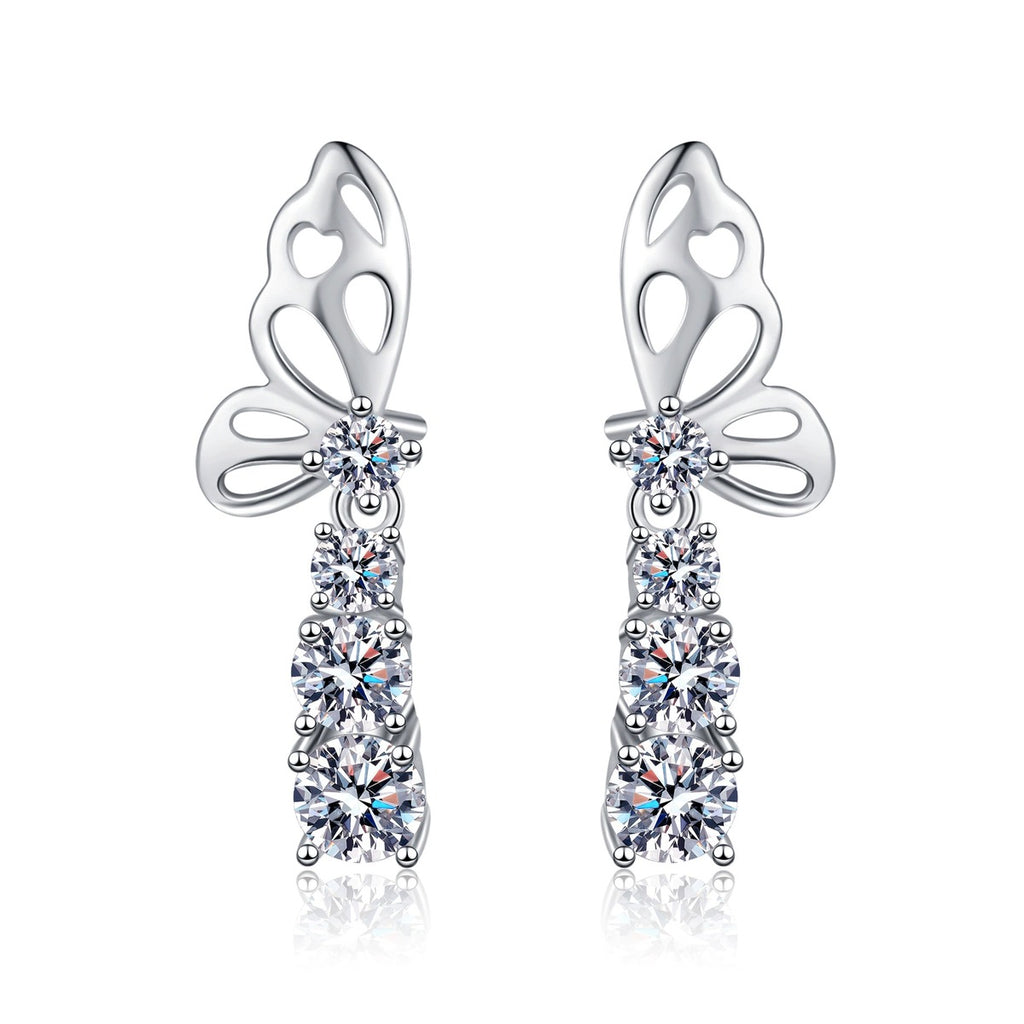 Butterfly Moissanite Stud Drop Earrings in Rhodium-Plated S925 sterling silver white background product photo showing the pair, stone shape, and stud earrings silhouette