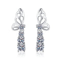 Butterfly Moissanite Stud Drop Earrings in Rhodium-Plated S925 sterling silver white background product photo showing the pair, stone shape, and stud earrings silhouette