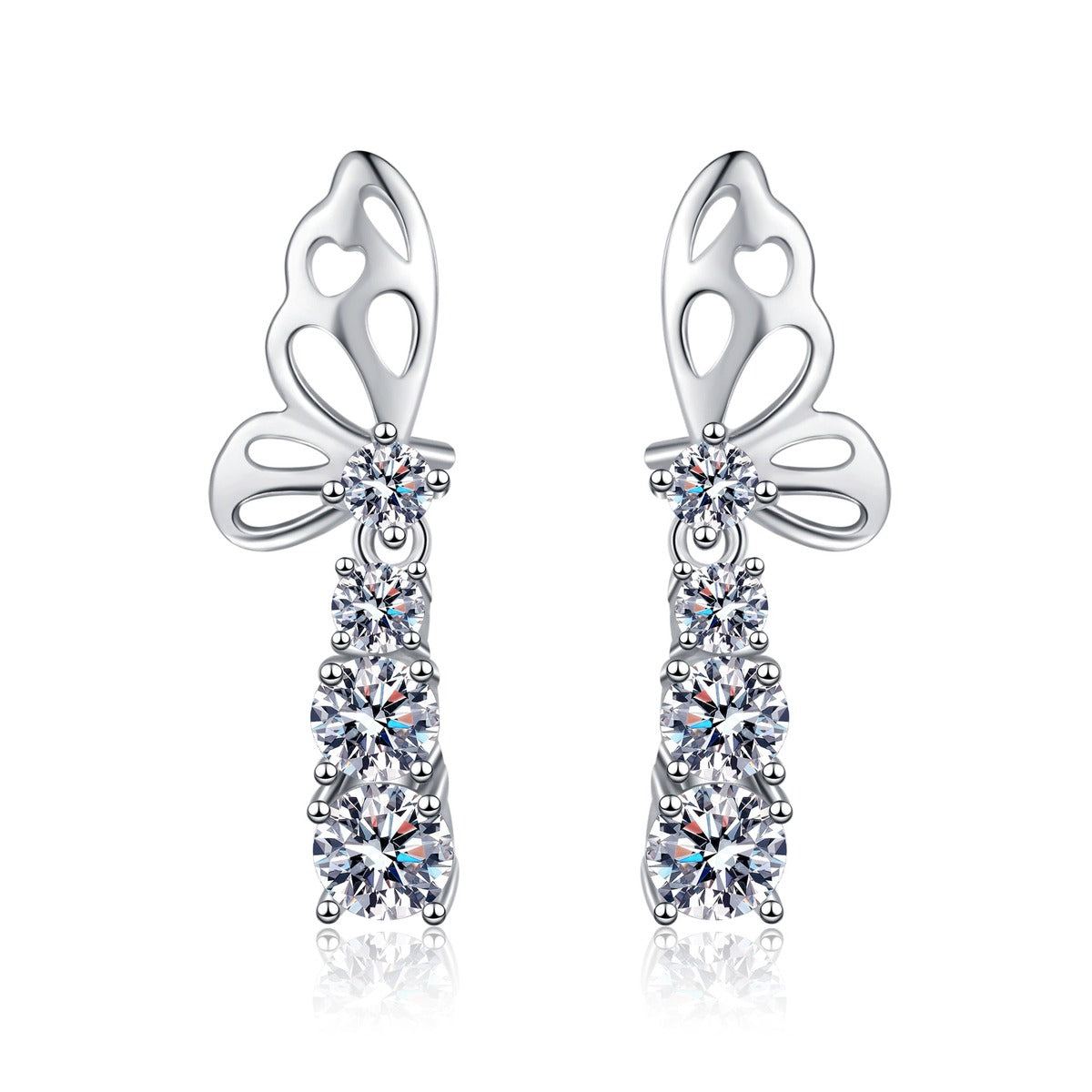 Butterfly Moissanite Stud Drop Earrings in Rhodium-Plated S925 sterling silver white background product photo showing the pair, stone shape, and stud earrings silhouette