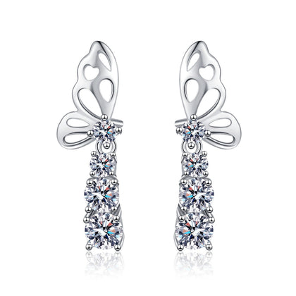Butterfly Moissanite Stud Drop Earrings in Rhodium-Plated S925 sterling silver white background product photo showing the pair, stone shape, and stud earrings silhouette