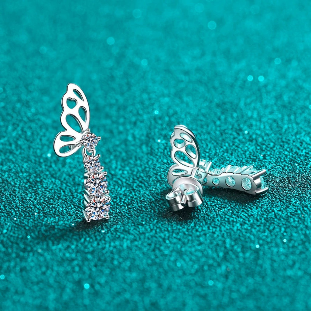 Butterfly Moissanite Stud Drop Earrings in Rhodium-Plated S925 sterling silver product scene view showing front sparkle