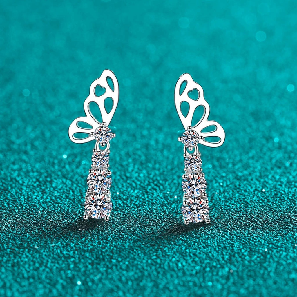 Butterfly Moissanite Stud Drop Earrings in Rhodium-Plated S925 sterling silver product scene view showing side profile