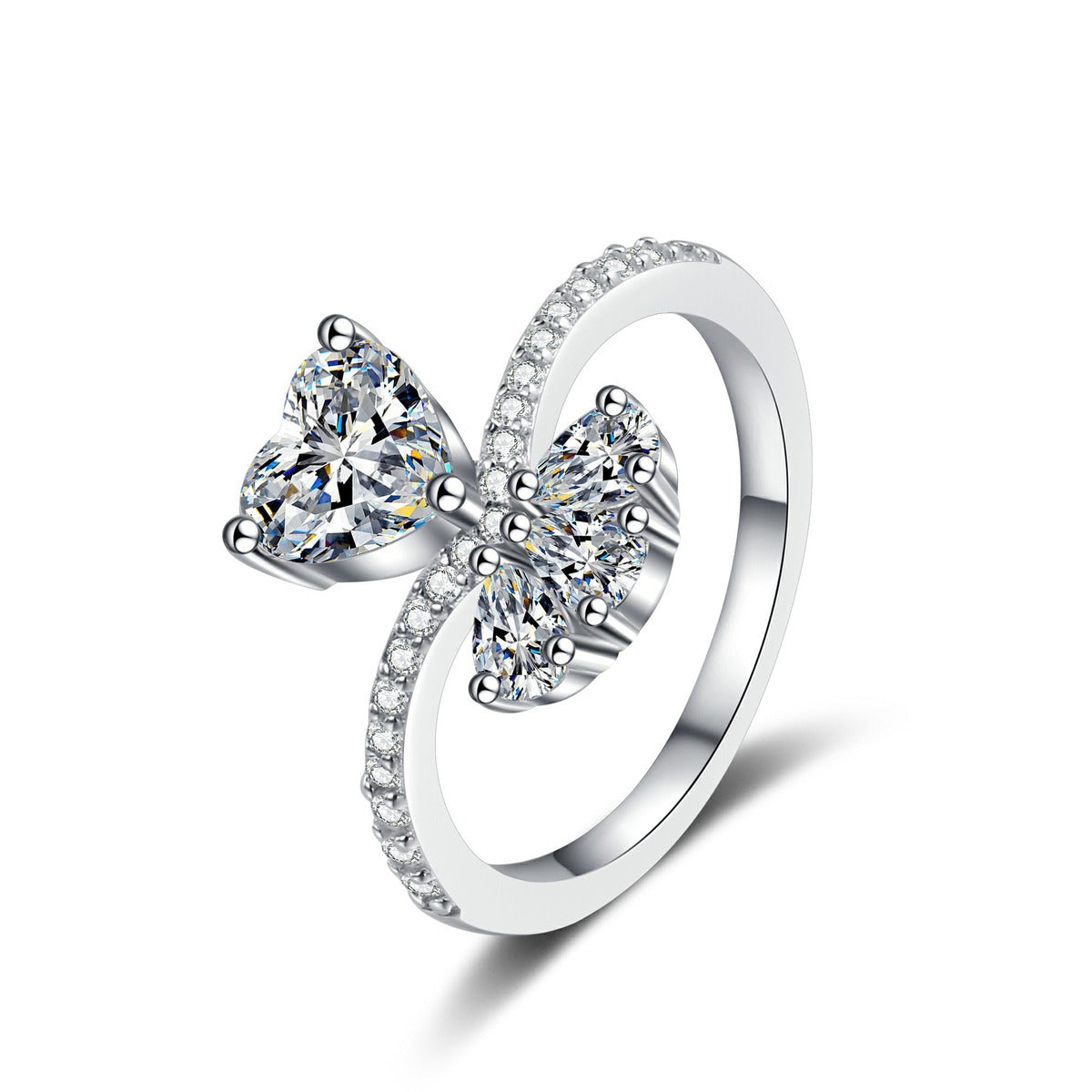 Heart Cut Moissanite Side Stone Engagement Ring with CZ in rhodium-plated S925 sterling silver on clean white background