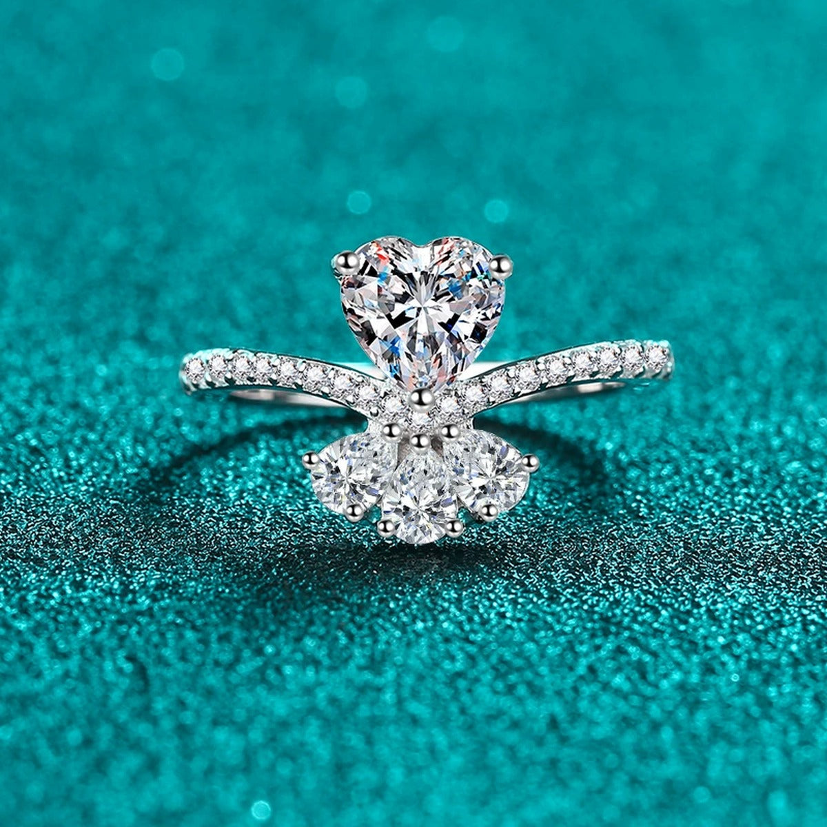 Heart Cut Moissanite Side Stone Engagement Ring with CZ product view showing moissanite setting and metal finish