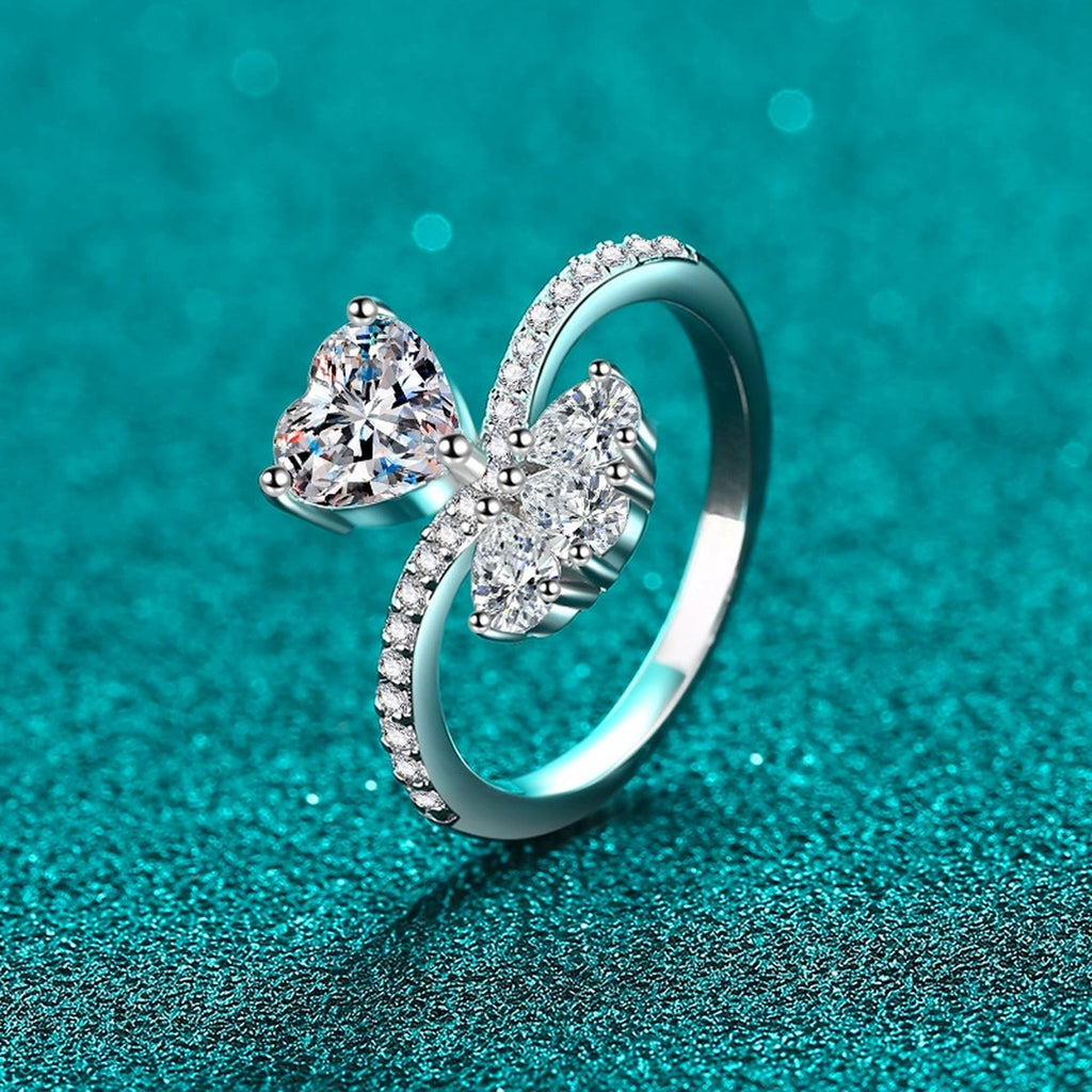 Heart Cut Moissanite Side Stone Engagement Ring with CZ product view showing moissanite setting and metal finish
