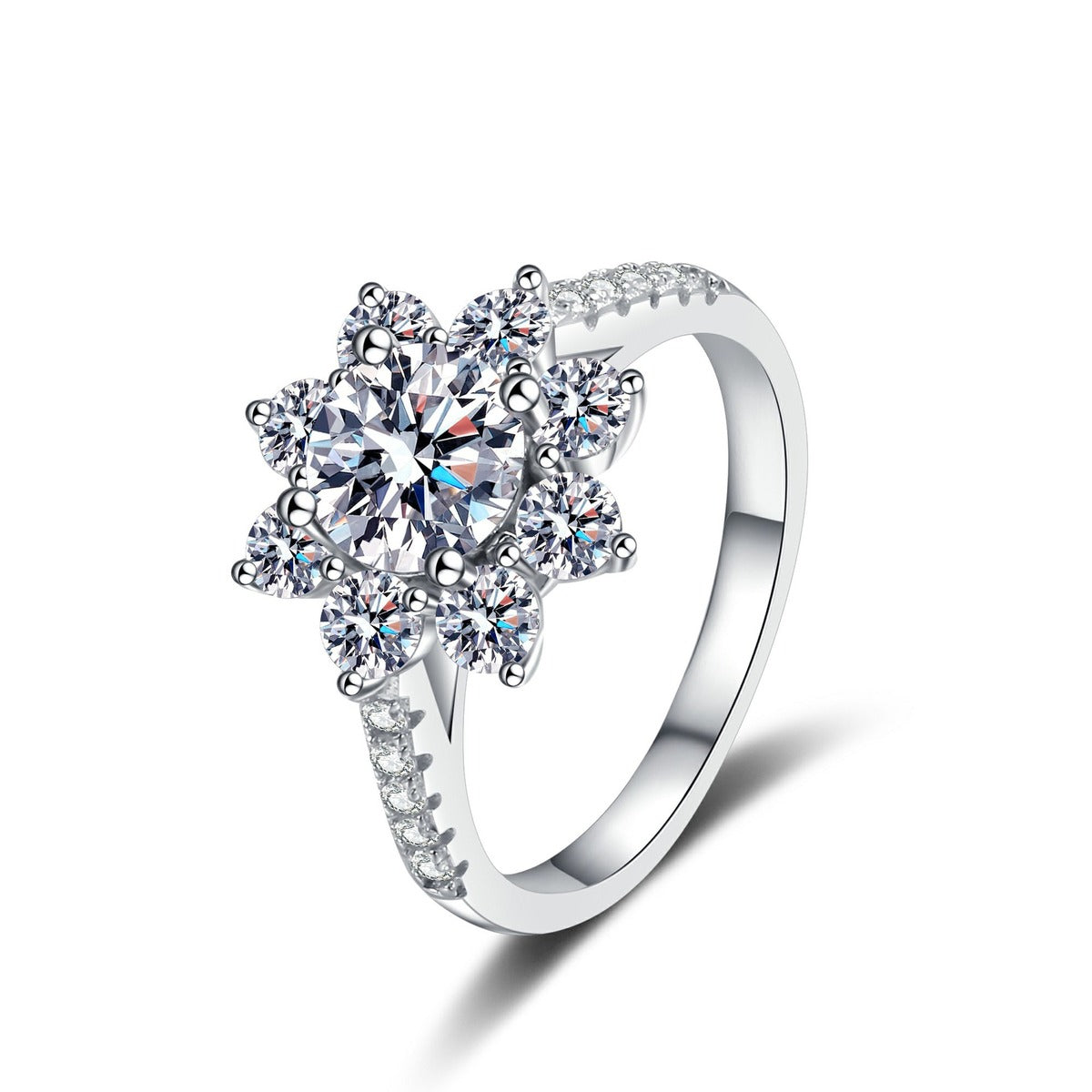 Round Moissanite Side Stone Engagement Ring with CZ in Rhodium-Plated S925 Sterling Silver clean white background product photo showing the ring silhouette and moissanite setting