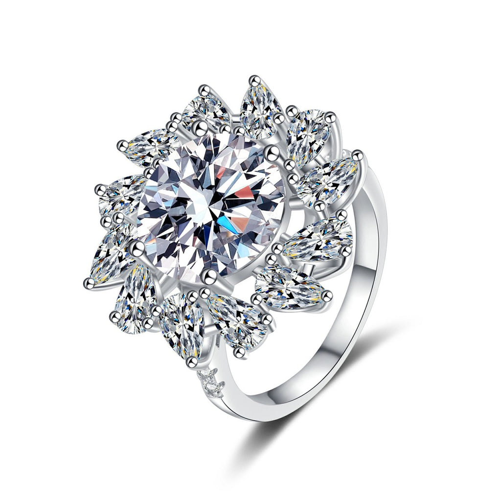 Round Moissanite Statement Ring with CZ in rhodium-plated S925 sterling silver on clean white background