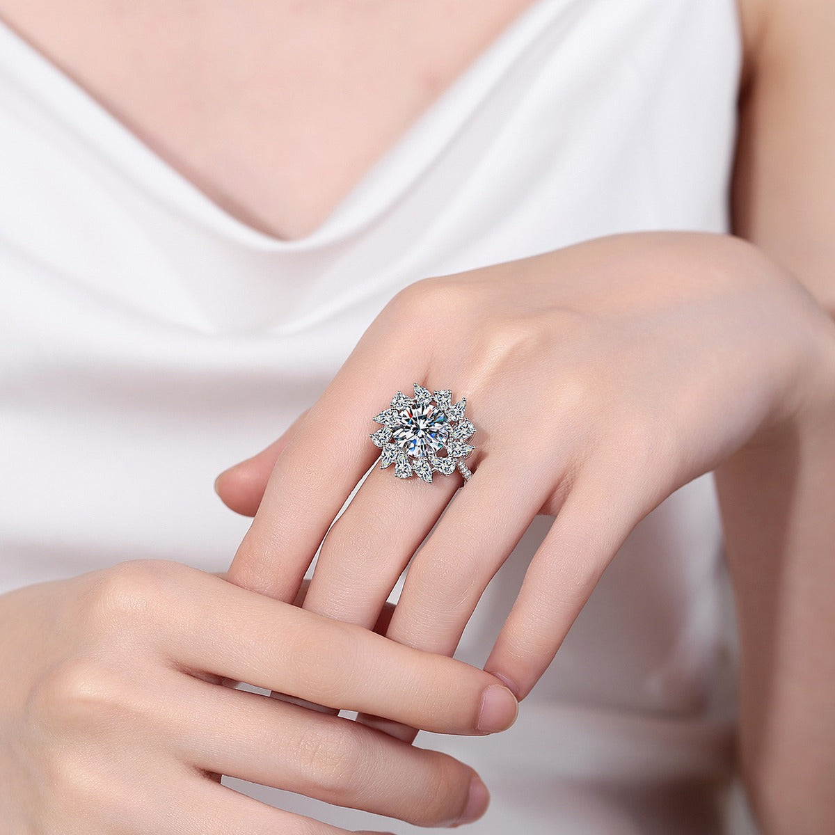 Round Moissanite Statement Ring with CZ worn on hand to show scale, band width, and ring profile