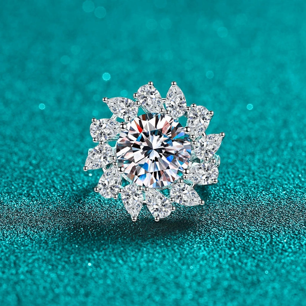 Round Moissanite Statement Ring with CZ product view showing moissanite setting and metal finish