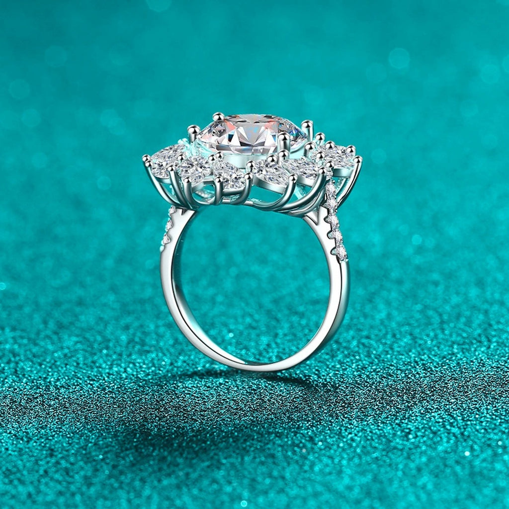 Round Moissanite Statement Ring with CZ product view showing moissanite setting and metal finish