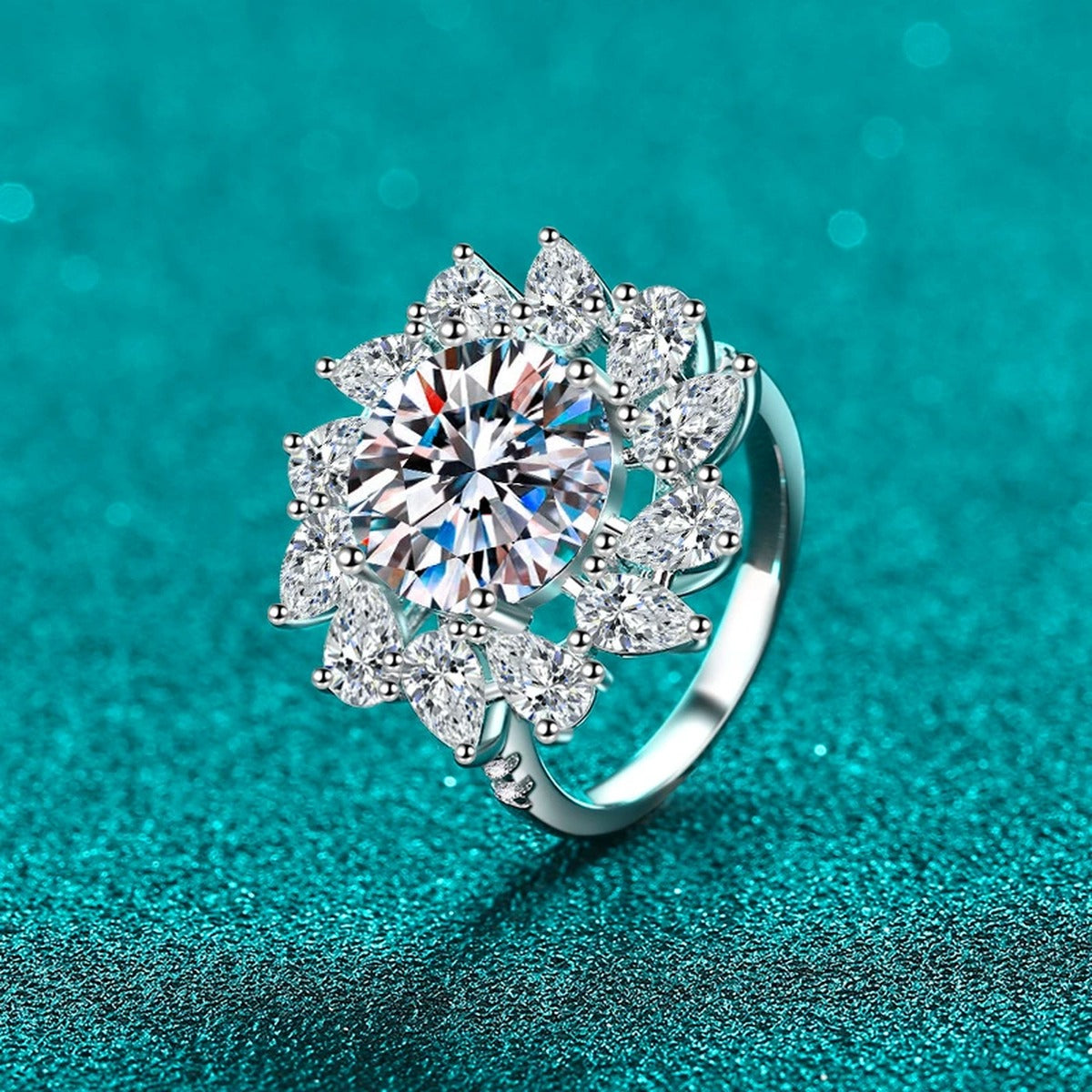 Round Moissanite Statement Ring with CZ product view showing moissanite setting and metal finish