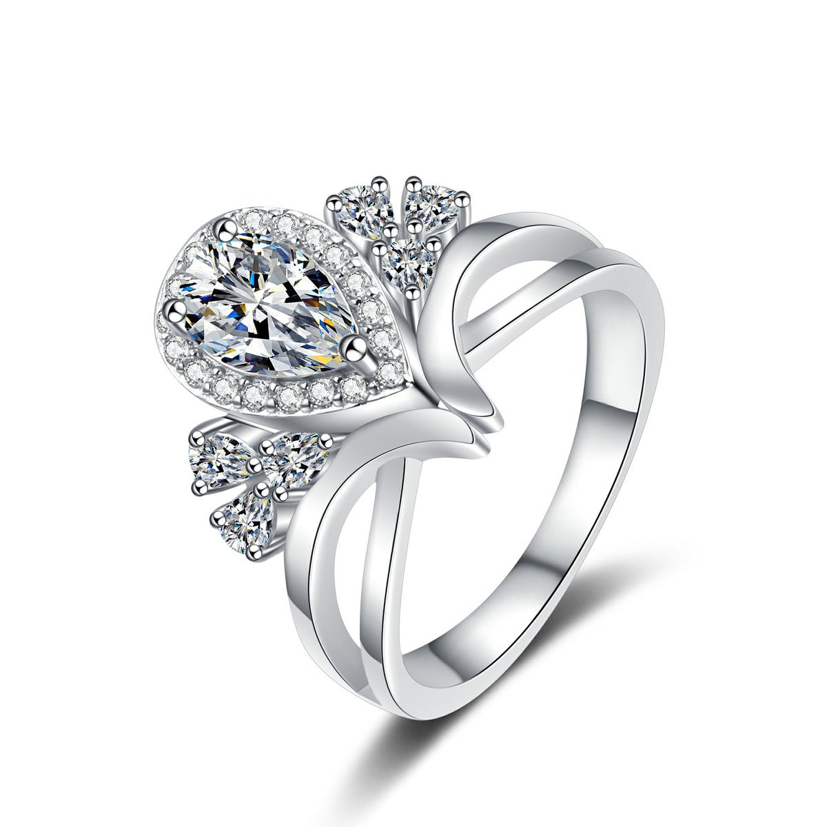 Pear Cut Moissanite Side Stone Engagement Ring with CZ in rhodium-plated S925 sterling silver on clean white background