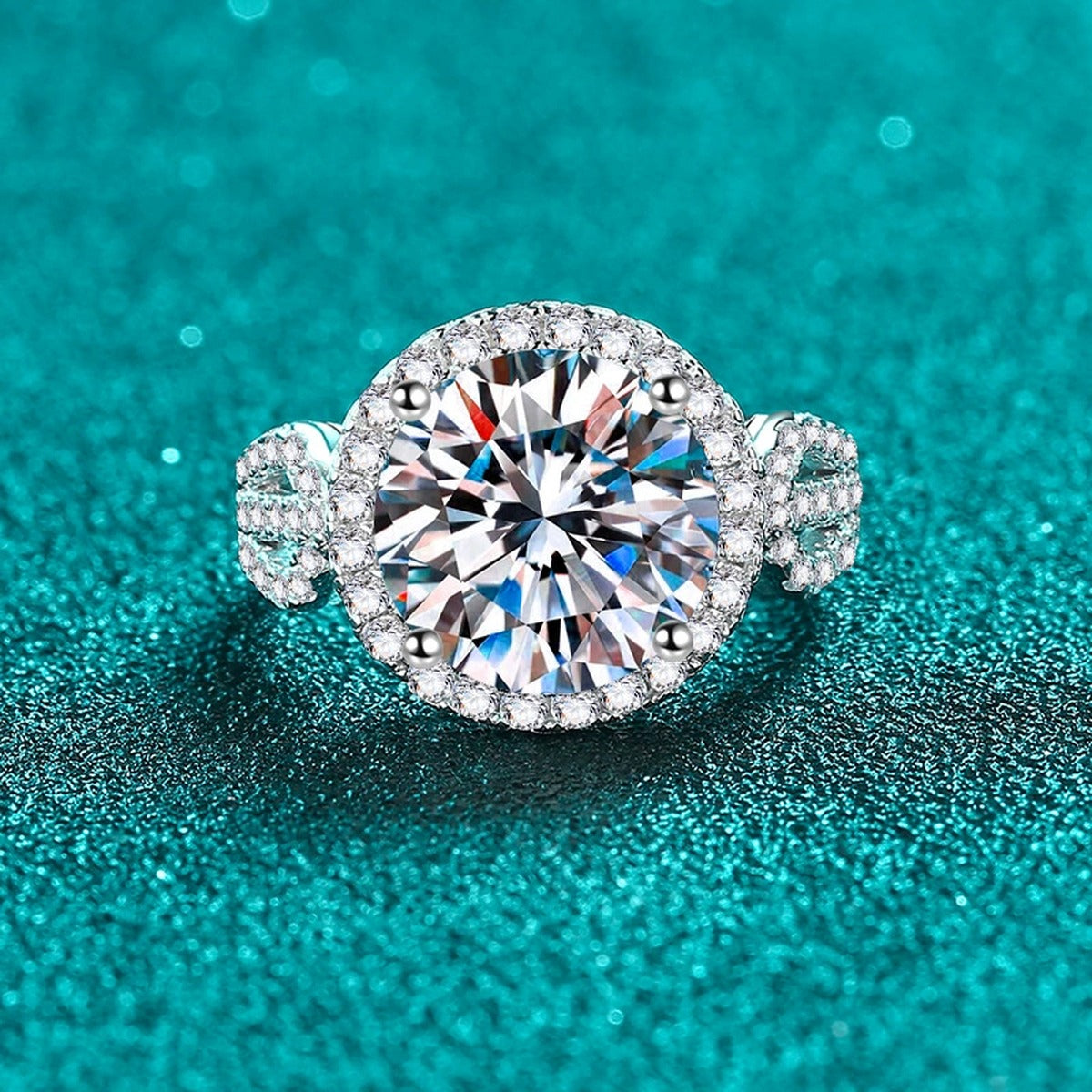 Round Halo Moissanite Ring with CZ product view showing moissanite setting and metal finish