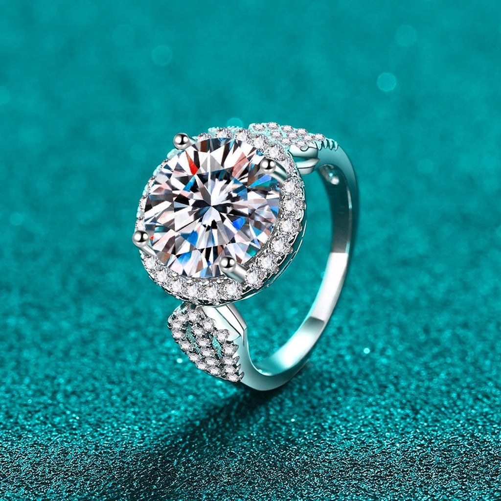 Round Halo Moissanite Ring with CZ product view showing moissanite setting and metal finish