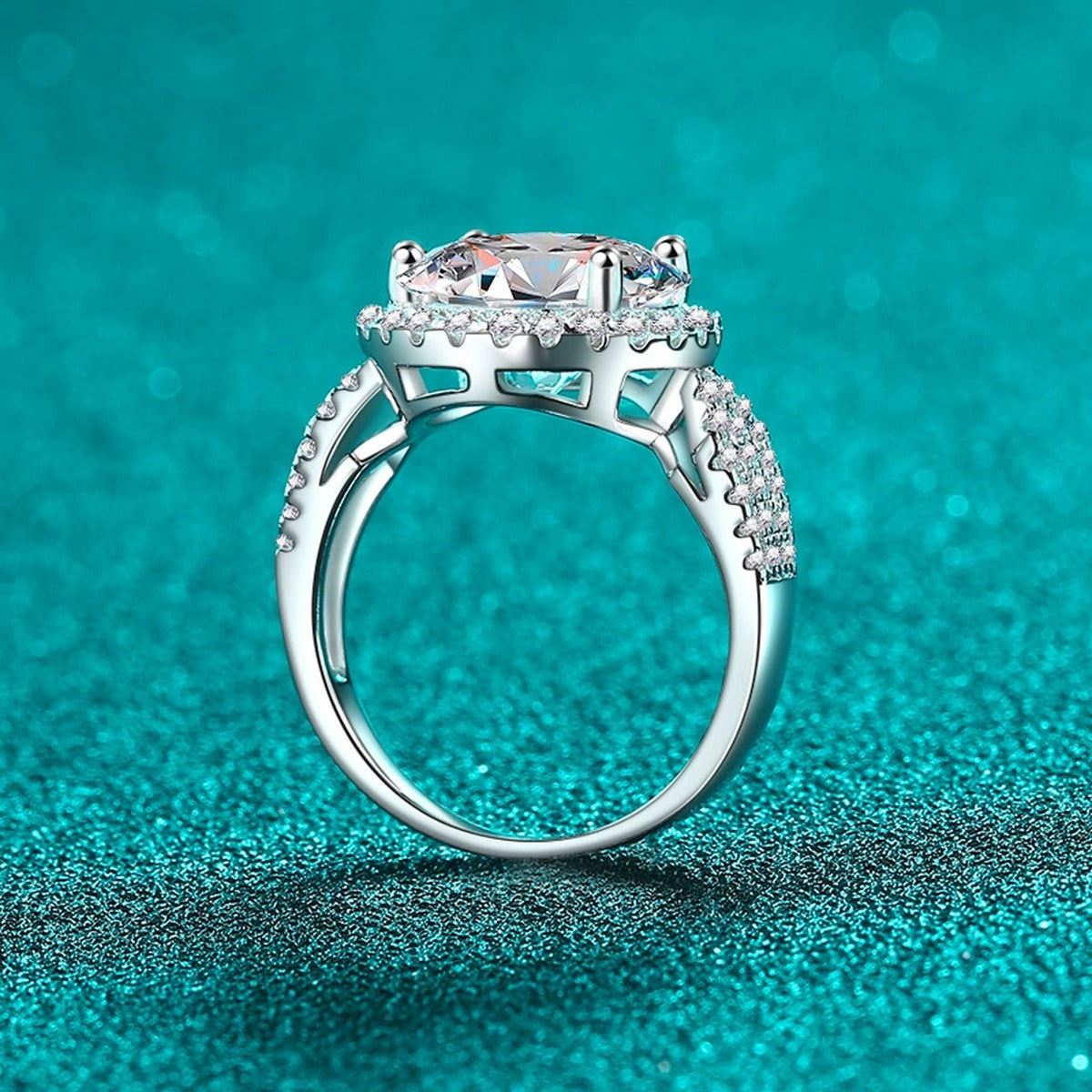 Round Halo Moissanite Ring with CZ product view showing moissanite setting and metal finish