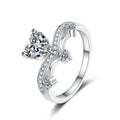 Heart Cut Moissanite Side Stone Engagement Ring with CZ in rhodium-plated S925 sterling silver on clean white background