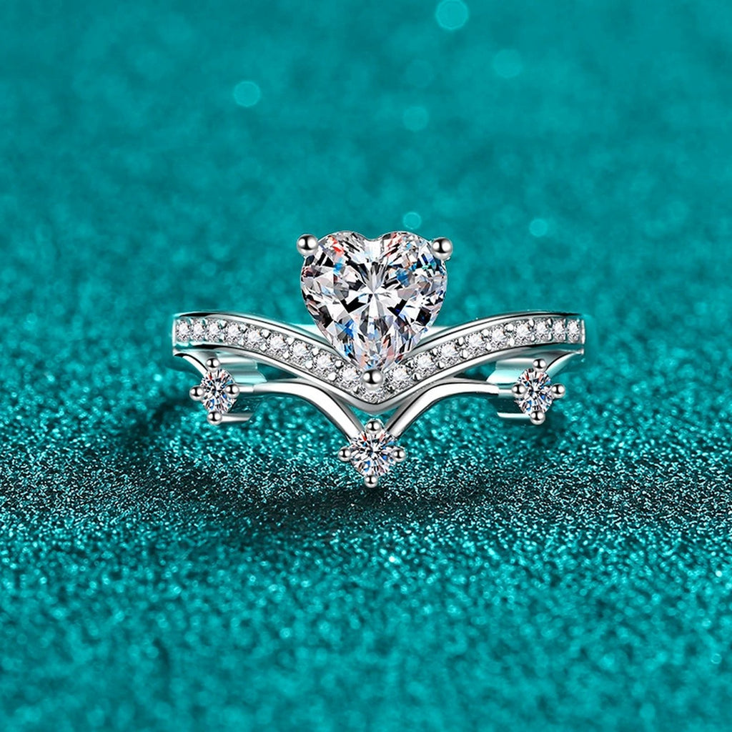 Heart Cut Moissanite Side Stone Engagement Ring with CZ product view showing moissanite setting and metal finish