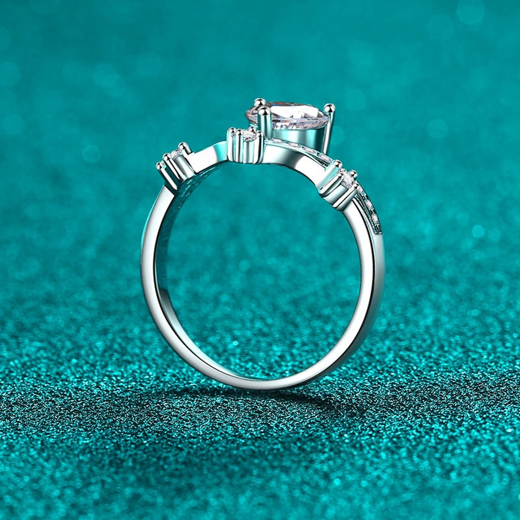 Heart Cut Moissanite Side Stone Engagement Ring with CZ product view showing moissanite setting and metal finish