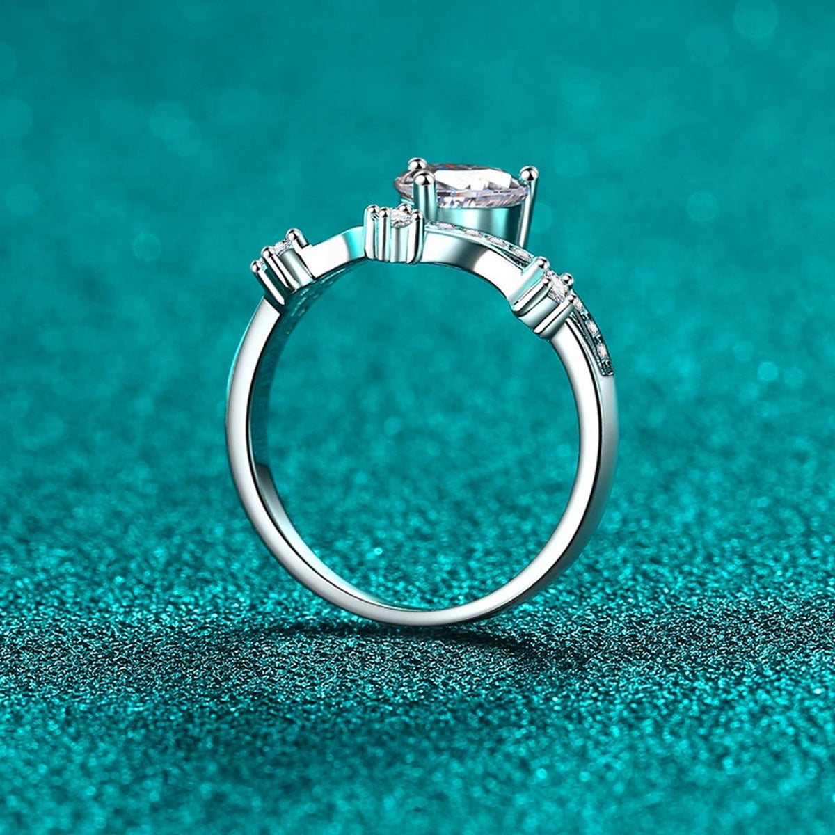 Heart Cut Moissanite Side Stone Engagement Ring with CZ product view showing moissanite setting and metal finish